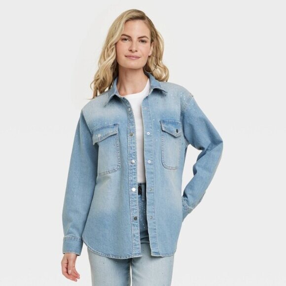 Universal Thread | Rhinestone Embellished Denim Shacket | Light Wash | Medium - Picture 1 of 8